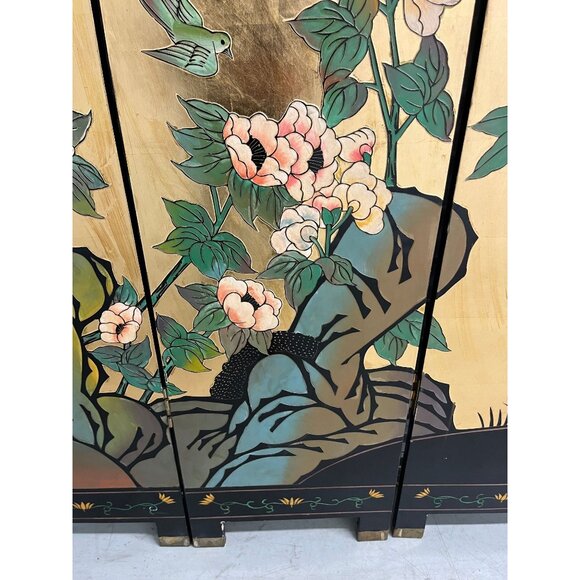 Vintage 1950's Oriental Asian Chinioiserie Gold Coromandel 4 Panel Screen Divide - Picture 3 of 10
